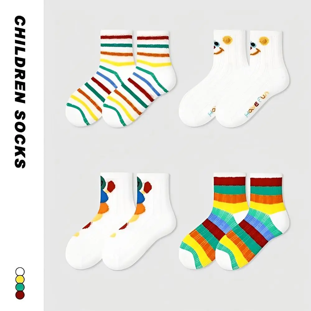 

4 Pairs Cartoon Ultra-Thin Kids Crew Socks Mesh Breathable Mid-Calf Socks Rainbow Korean Style Cotton Socks for Boys Girls