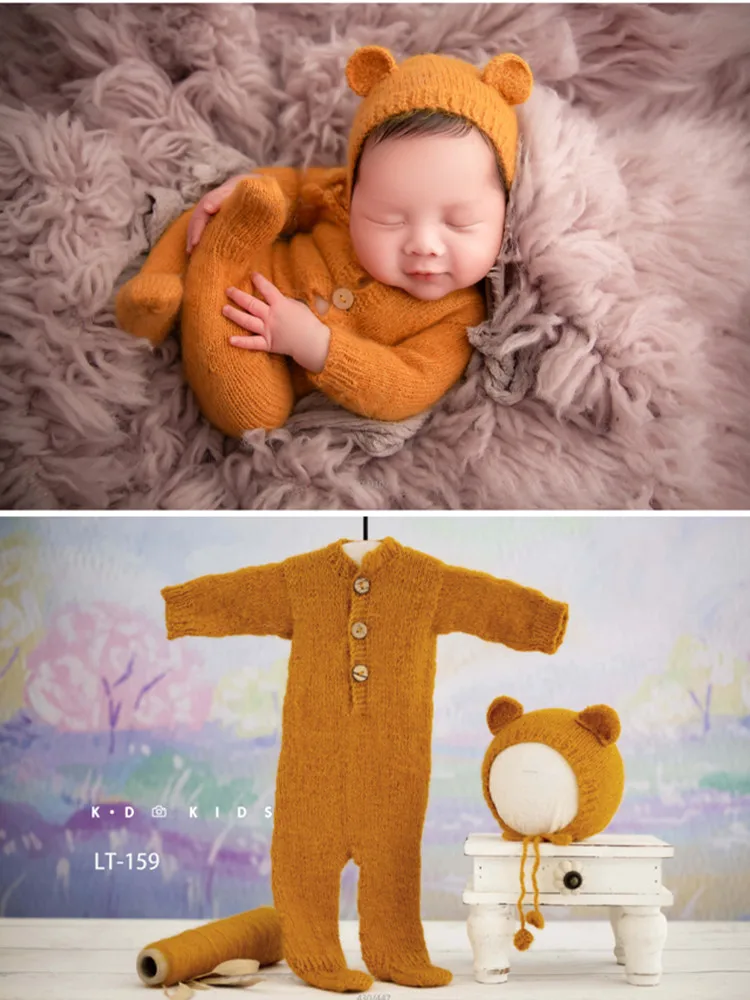 High End Wool Onesie Ear Hat Set Newborn Photography Outfit Soft High Elasticity Romper Bodysuit Studio Baby Boy Girl Clothes