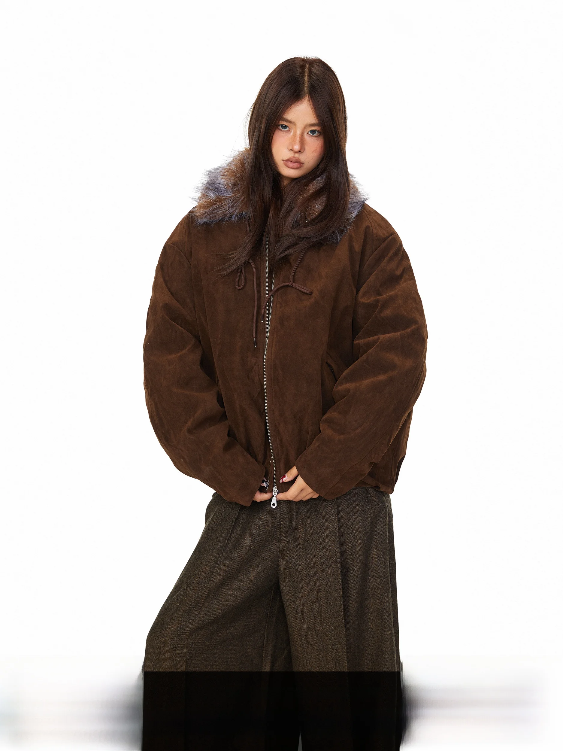 

Blabb Women's Suede Jaet Cotton Coat with Fur Collar Loose Fit American Retro Sle Autumn Winter New Arrival