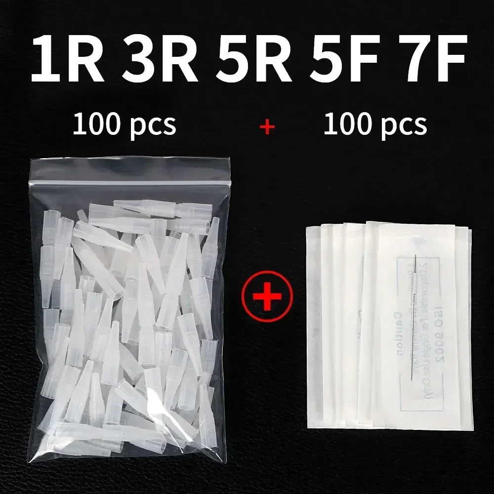 100Pcs Mixed Tattoo Needles 1R 3R 5R 5F 7F with 100 Needle Caps Permanent Makeup