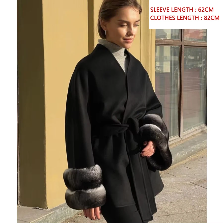 Womens Jackets Cashmere Coat Women Luxury Real Wool Coat With Natural Rex Rabbit Fur Cuffs Mid-Length Clothes