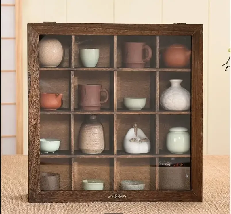 

Multi-grid Solid Wood Storage Box Glass Cover Display Dustproof Shelf Tea Jewelry Boxes Cosmetics Organizer