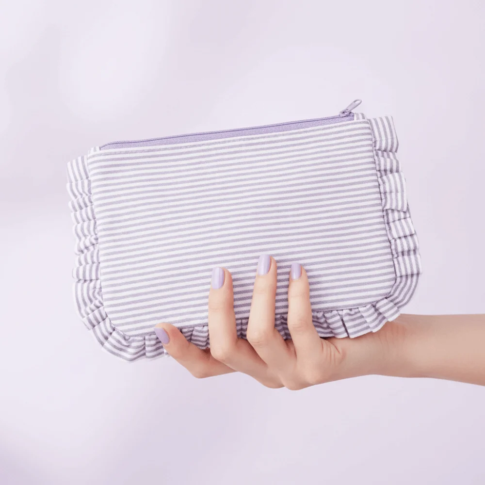 Casual Women's Cosmetic Bag Large Capacity Striped Pattern Travel Cosmetic Case Portable with Lace Trim Make Up Organizer