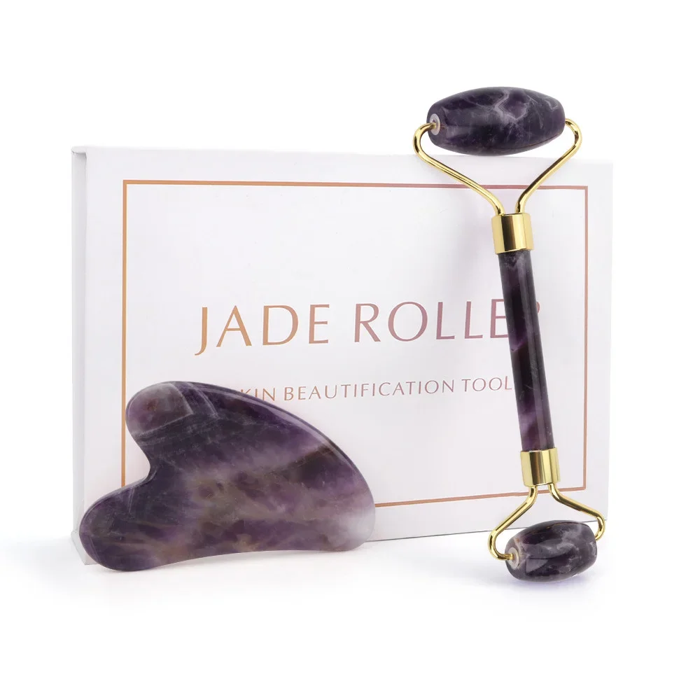 Rodillo raspador de jade natural de amatista, rodillo de masaje de cristal facial Gua Sha, levantamiento facial, alivia la línea fina, antiarrugas,