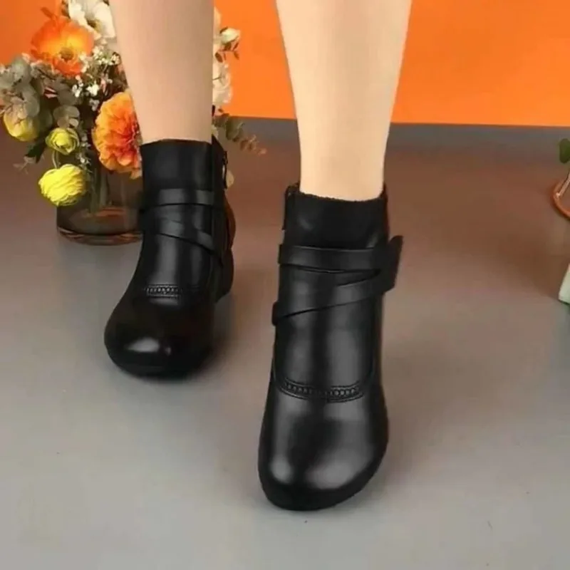 Women Shoes Round Toe Platform Leather Handmade Retro Thick Heel Casual Loafers Ladies Autumn Winter Soft Sole Plush Warm Boots