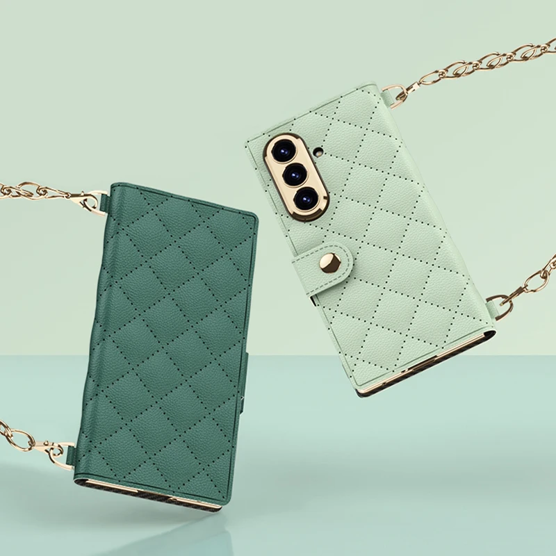 حافظة جلدية قابلة للطي بنمط الماس مناسبة لهاتف سامسونج جالاكسي Z Fold 7 Z Fold6 Z Fold5 Z Fold4 Z Fold3، حافظة هاتف عصرية على شكل سلسلة شانيل