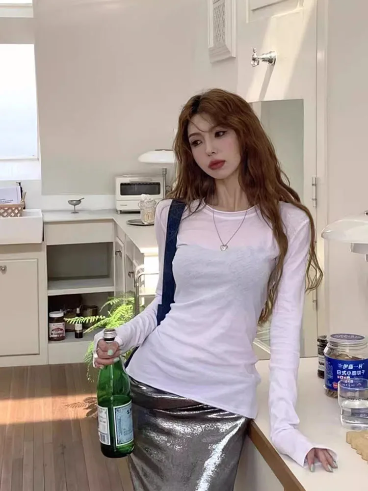 Lazy and casual style rolled edge slim fit long sleeved base shirt for women in autumn, thin style, inner top, high-end T-shirt
