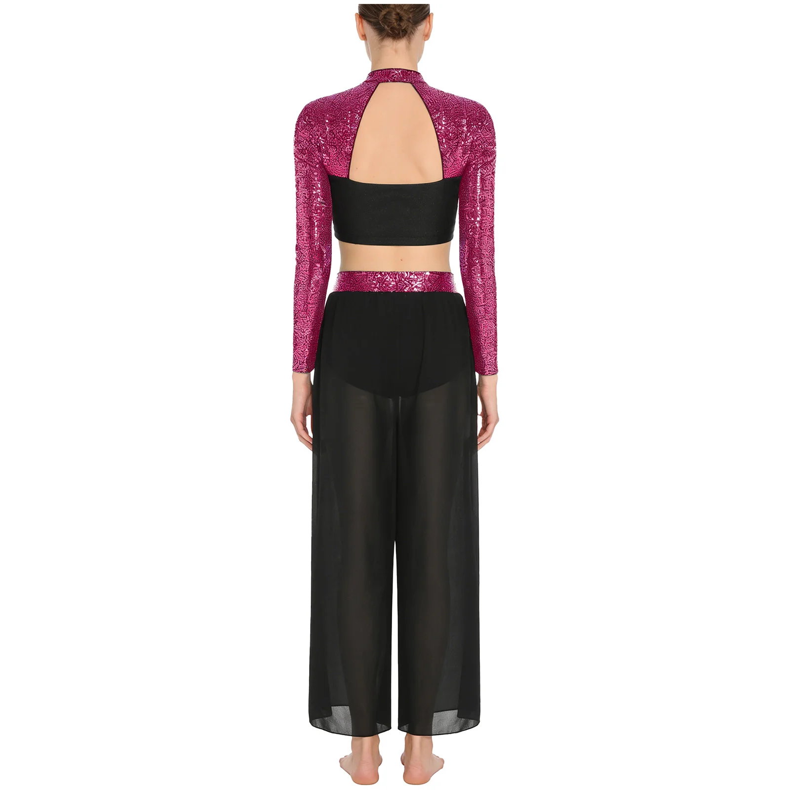 여성 댄스 의상 모크넥 긴팔 컷아웃 백 스팽글 라인스톤 크롭탑 사이드 슬릿 시스루 쉬폰 팬츠