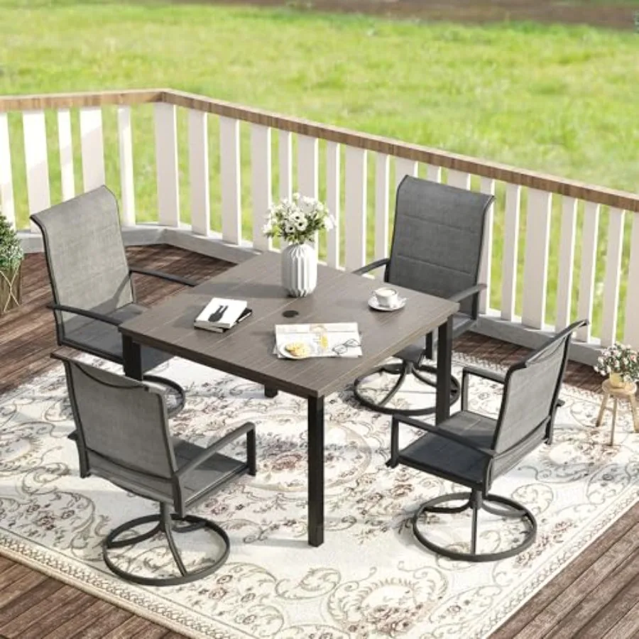 

5 Pieces Patio Dining Set 4 Seats Outdoor Furniture Set with 40.2 Square Grey Wood Grain Tabletop and Grey Fabric Swivel Chairs