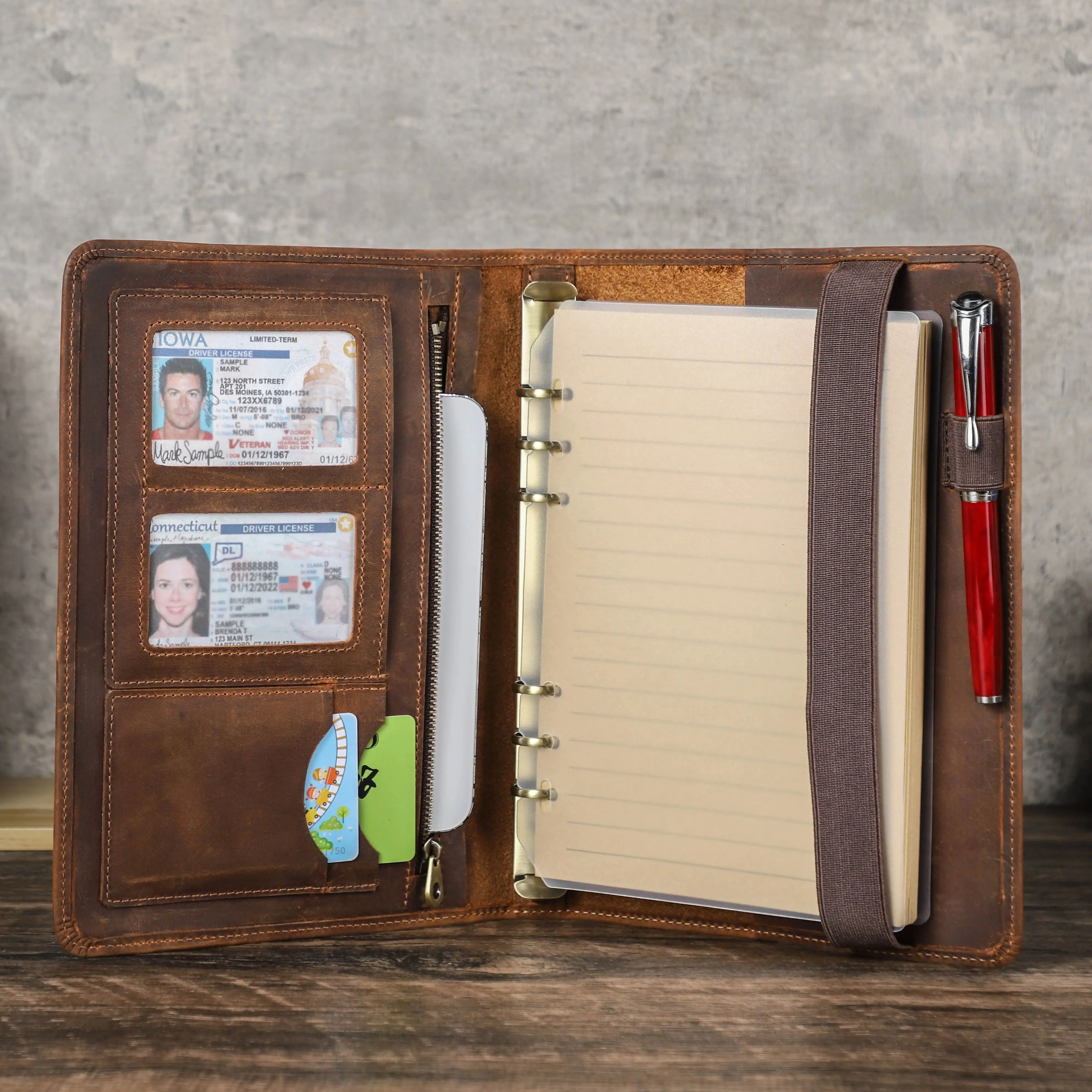 Luxury Retro Business A5 Notebook Leather Cover Portfolio with 6 Ring Binder Paper Pen Ipad Mini Holder Card Slots Travel Case