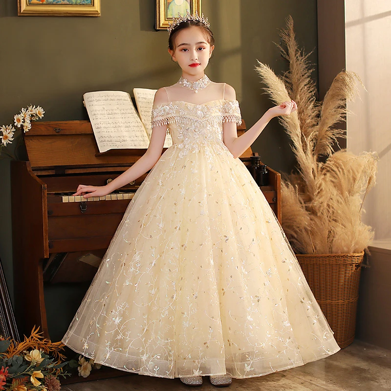 Kids Champagne Gala Long Dresses for Flower Girls Formal Luxury Birthday Party Designer Evening Gowns Children Sleeveless Dress