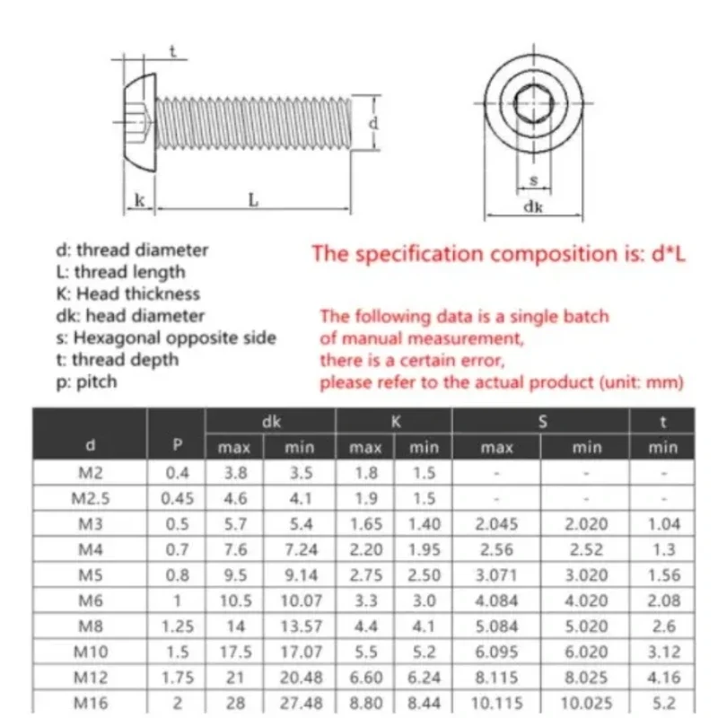 Solid Brass Button Head Screw M2 M2.5 M3 M4 M5 M6 M8 M10 M12 Pure Brass Hex Hexagon Socket Round Cap Head Screw Bolts