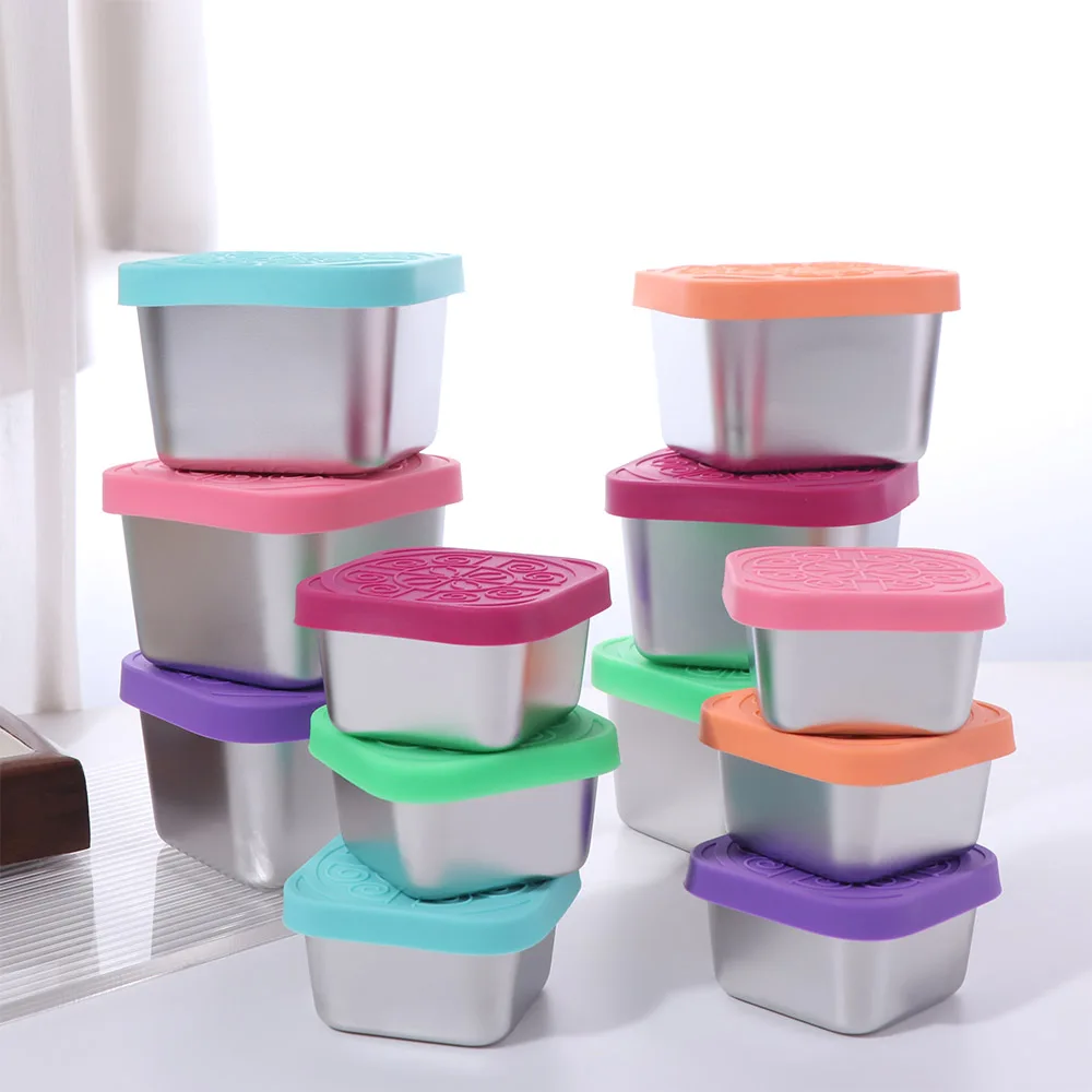 6pcs 304 Stainless Steel Salad Dressing Cup Square 60/180ml Snack Box with Silicone Lid Leak-proof Seasoning Container School