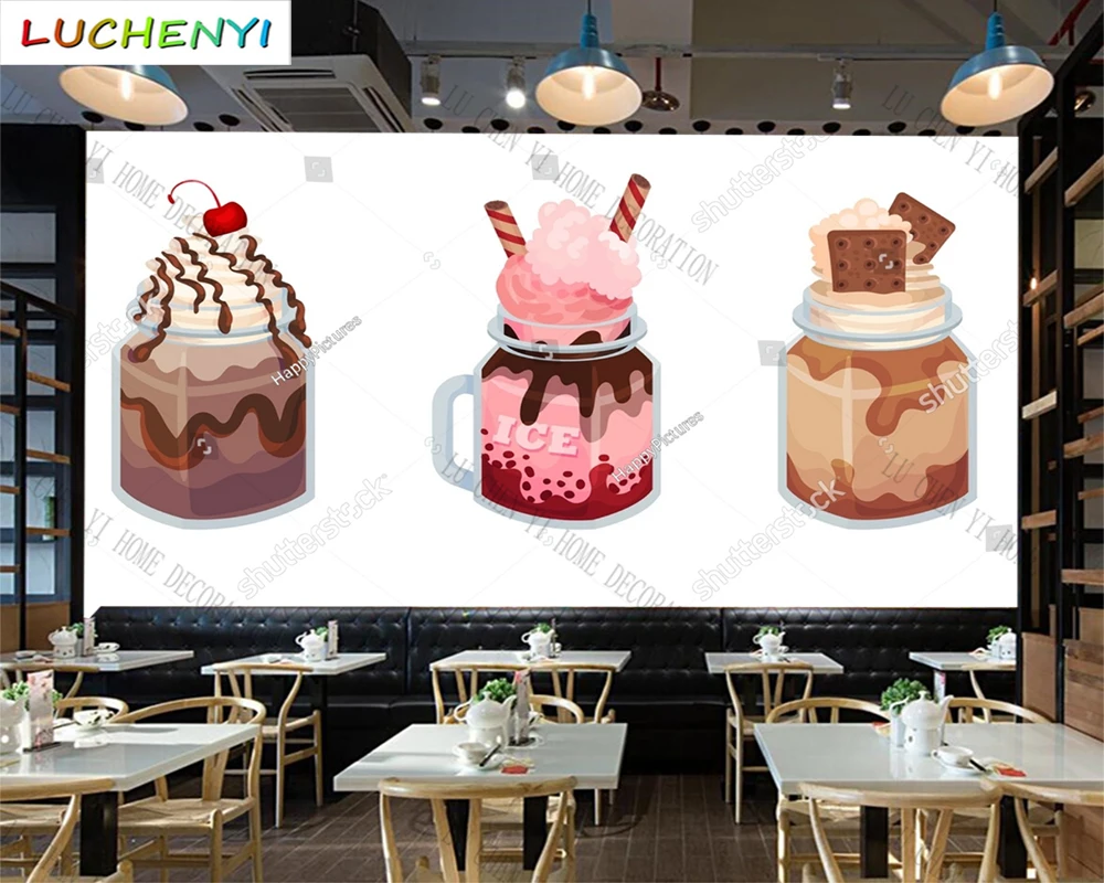 Custom ice cream bubble tea boba mural wallpaper restaurant cold drinking shop dining room wall papers home decor sticker