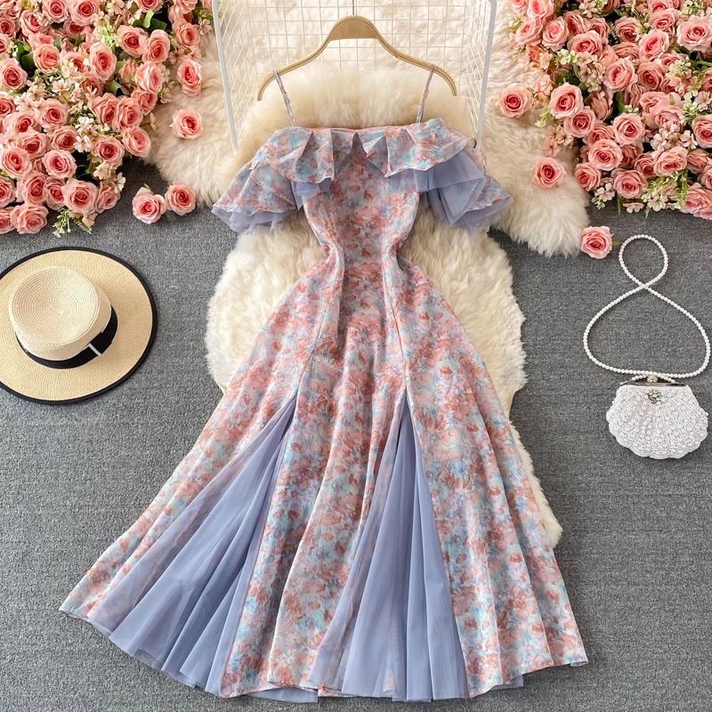 

Summer Elegant Chiffon Floral Strap Dress Women's Strapless Mixi Dress Holiday Ladies Vestidos Female Robe 2024 New Date Clothes