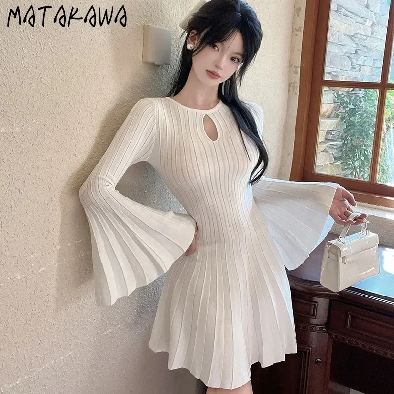 

Matakawa Knitted Flare Sleeve Women Dresses Solid Autumn Winter Folds Elegant Vestidos Mujer Korean Fashion Vintage Mini Dress