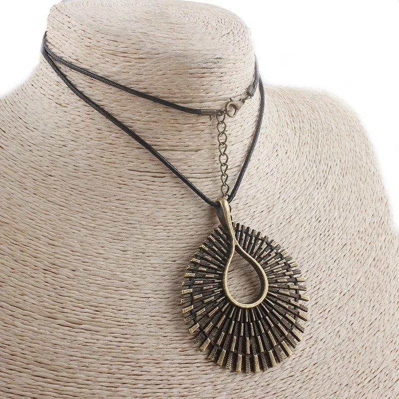 1pcs Antique Bronze Charms Abstract Layer Thread Fence Shape Pendant Necklace Black Wax Cord Length 60cm