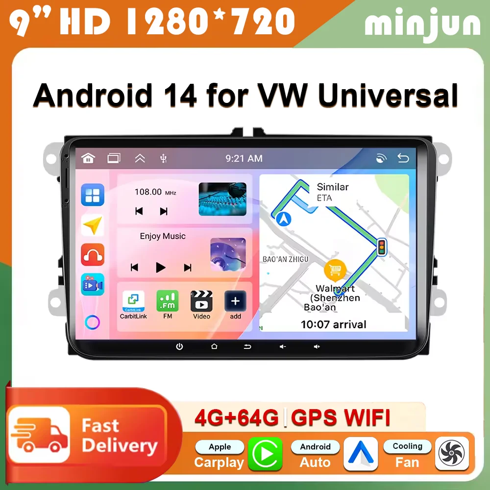 Autoradio Android 14 da 9 pollici per VW/Volkswagen/Golf/Polo/Tiguan/Passat/B7/B6/Seat/Leon/Skoda/Octavia Multimedia di navigazione GPS