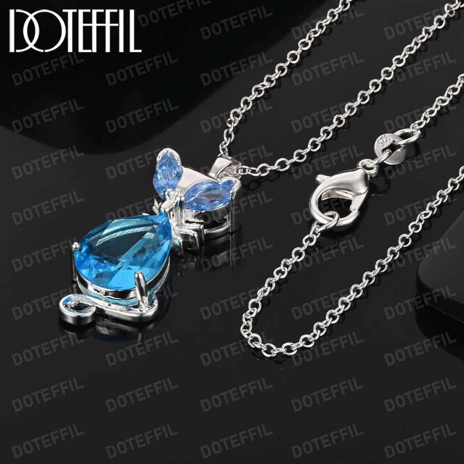 

DOTEFFIL AAA Blue Crystal Fox Pendant Necklace 925 Sterling Silver 18 Inch Chain For Women Fashion Wedding Party Charm Jewelry