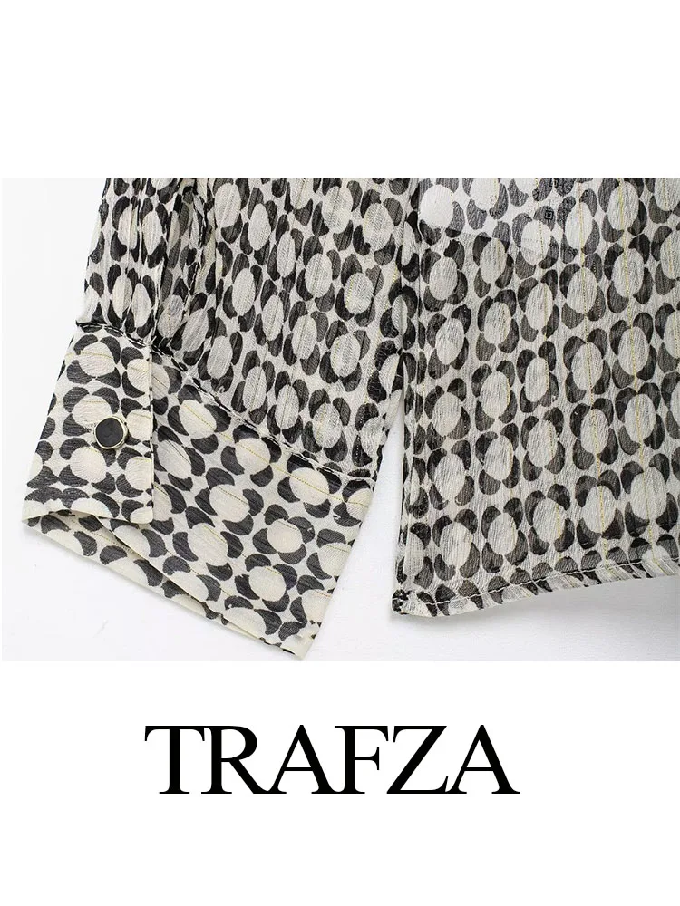 TRAFZA-elegante blusa estampada de um só peito para mulheres, manga comprida, blusa casual, laminada, camisa feminina, verão