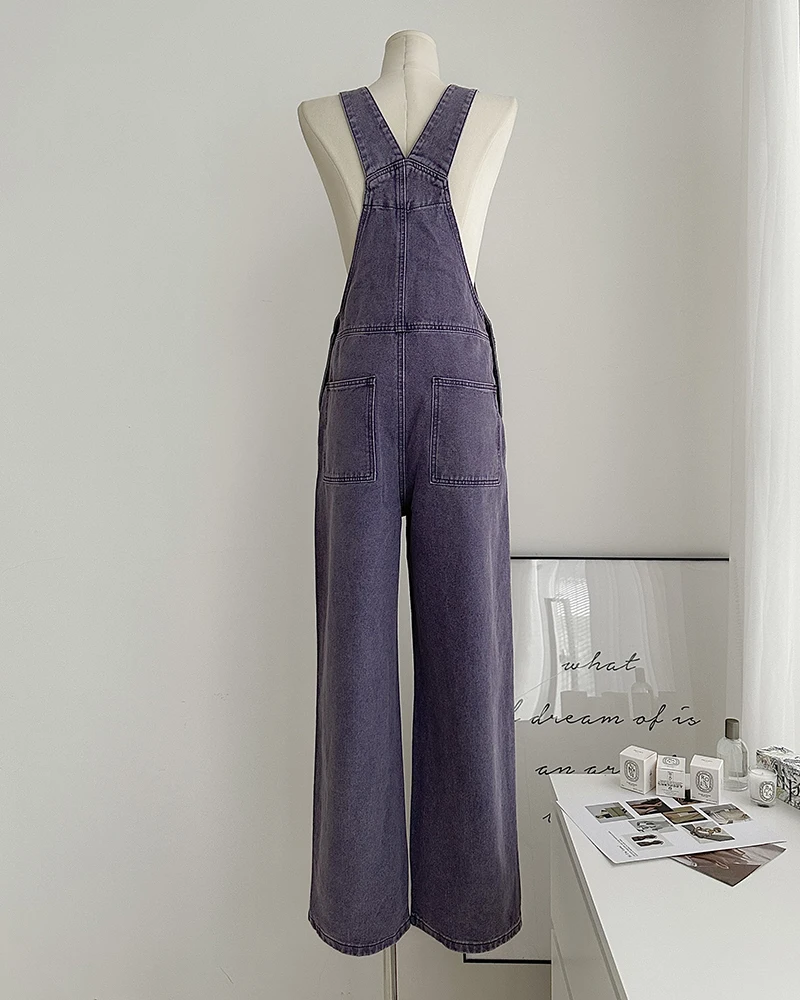 American Style Women Purple Strap Overalls Retro Straight Loose Gradient Wide Leg Denim Jumpsuit Pants Female Suspender Jeans