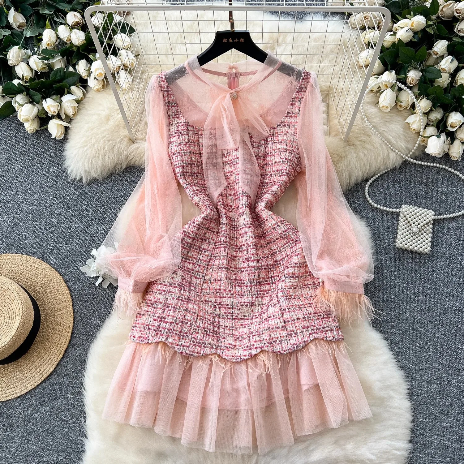 

2024 Fashion Lady Solid Mesh Embroidery Stitching Tweed Dress Women Tassel Long Sleeve Bow Collar Beading Woolen Mini Dresses