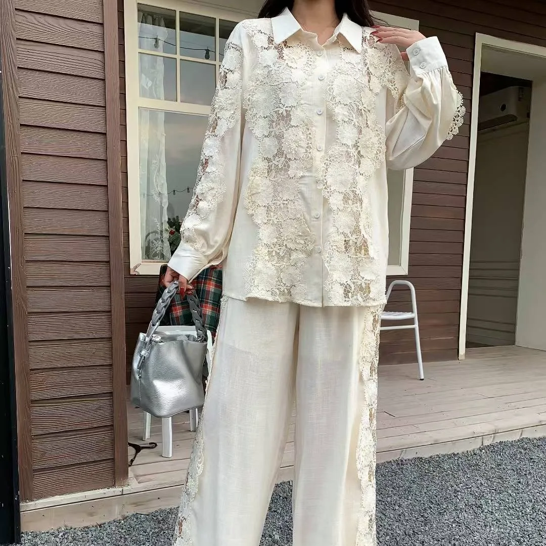 

Faionable Women's Heavy Embroidery Lace Hollow out irt Top plus Long Pants Two-Piece Set Design Sensation Casual Wear