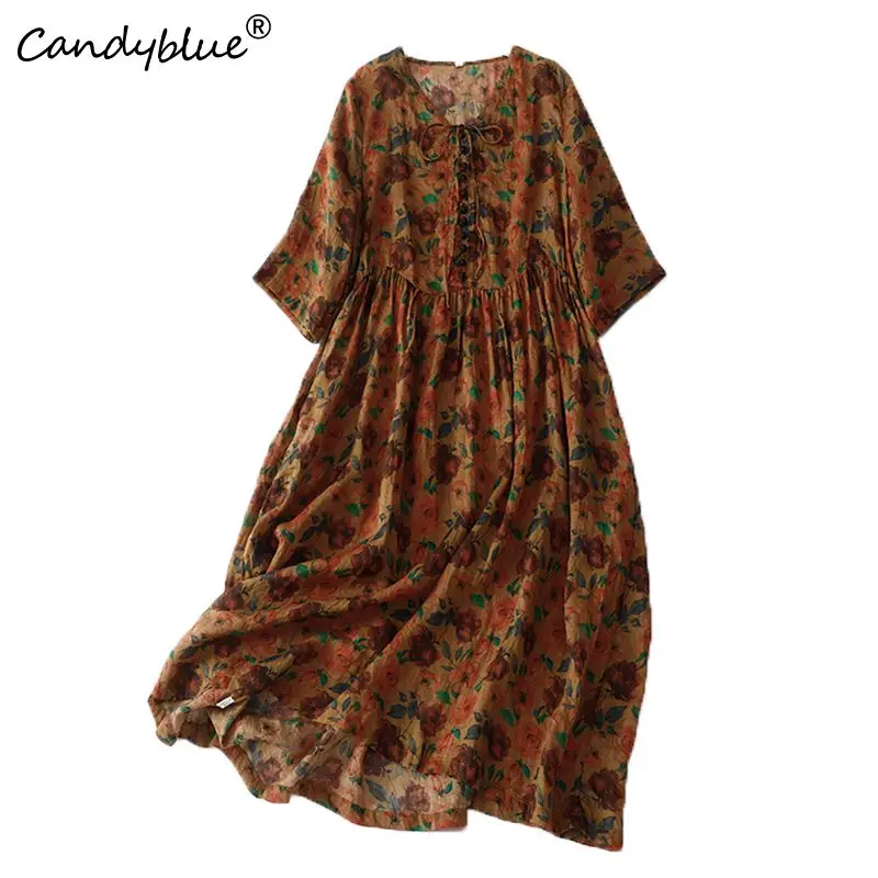 

Dress Women Spring 2023 New Vintage Print Loose Casual Middle Long-Skirt Seven Quarter Sleeve Women's Summer Fashion Dresses