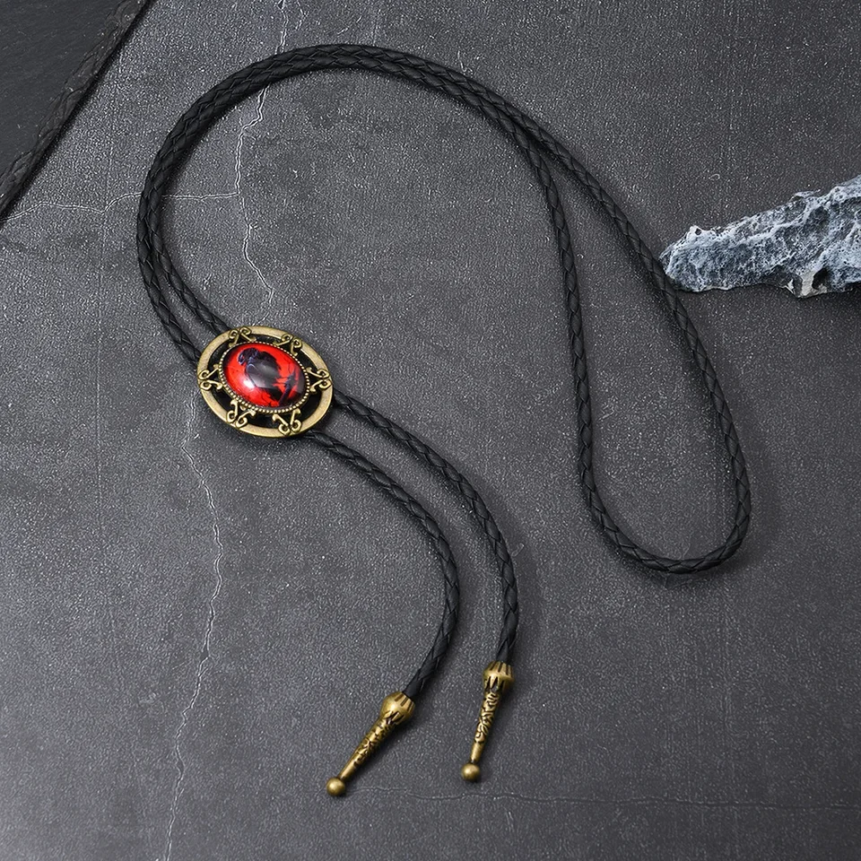 New Western Cowboy Style Fox Bolo Tie Necklace for Men Vintage Alloy Long Leather Sweater Chain Necktie Fashion Accessory