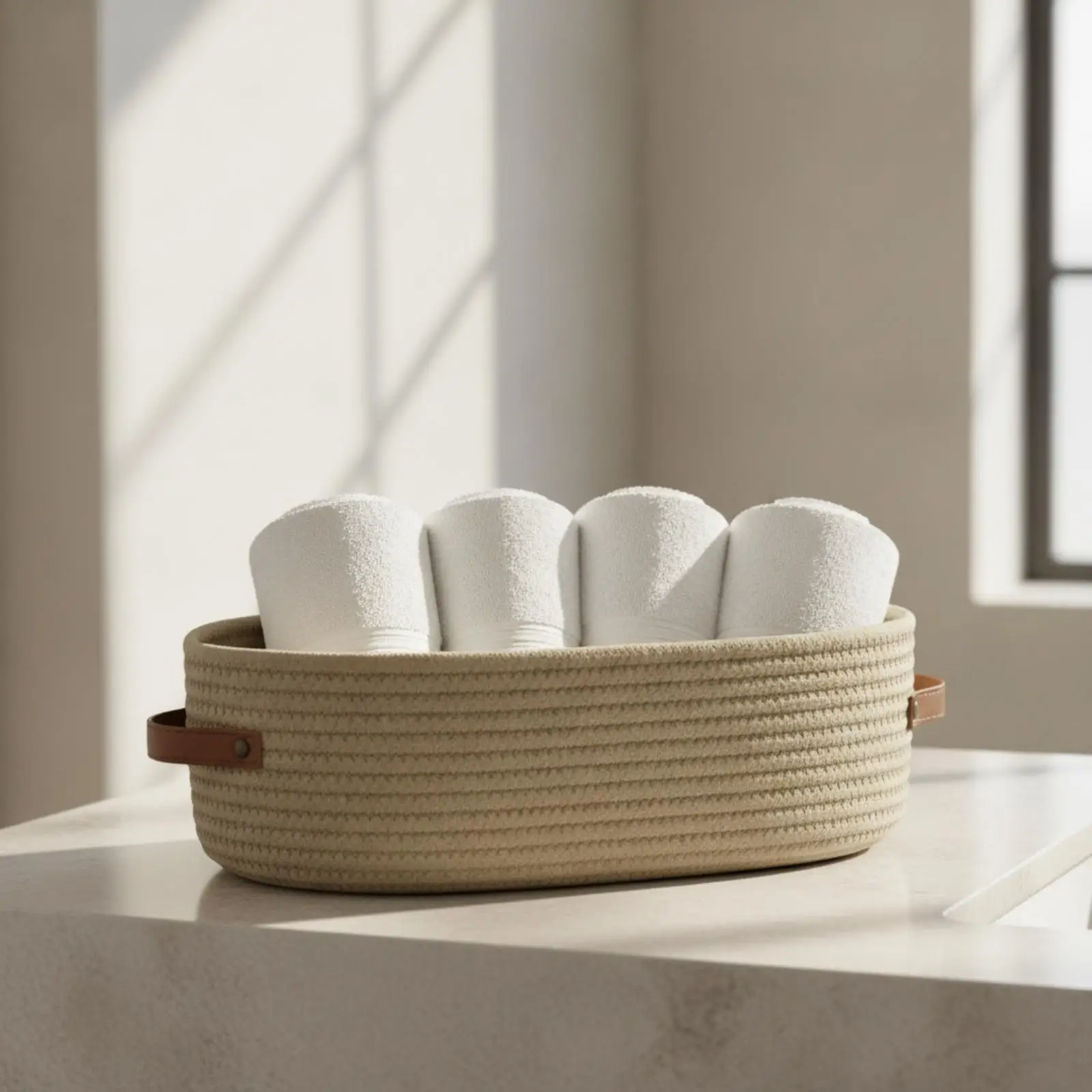 Cotton Rope Storage Basket with Leather Handles for Bathroom Vanity Organization and Bedroom Decor