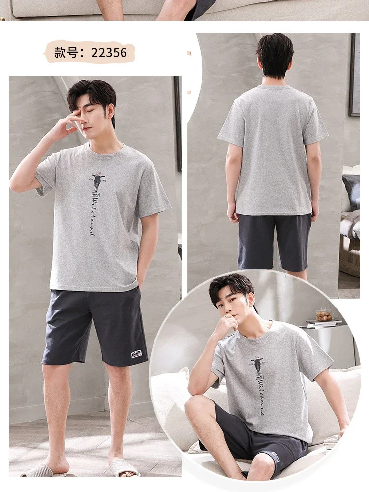 Large Size Soft Cotton Summer Pajamas Men's Crtoon Short Sleeve Sleepwear Loose Loungewear Suit Home Clothes Can Be Worn Outside