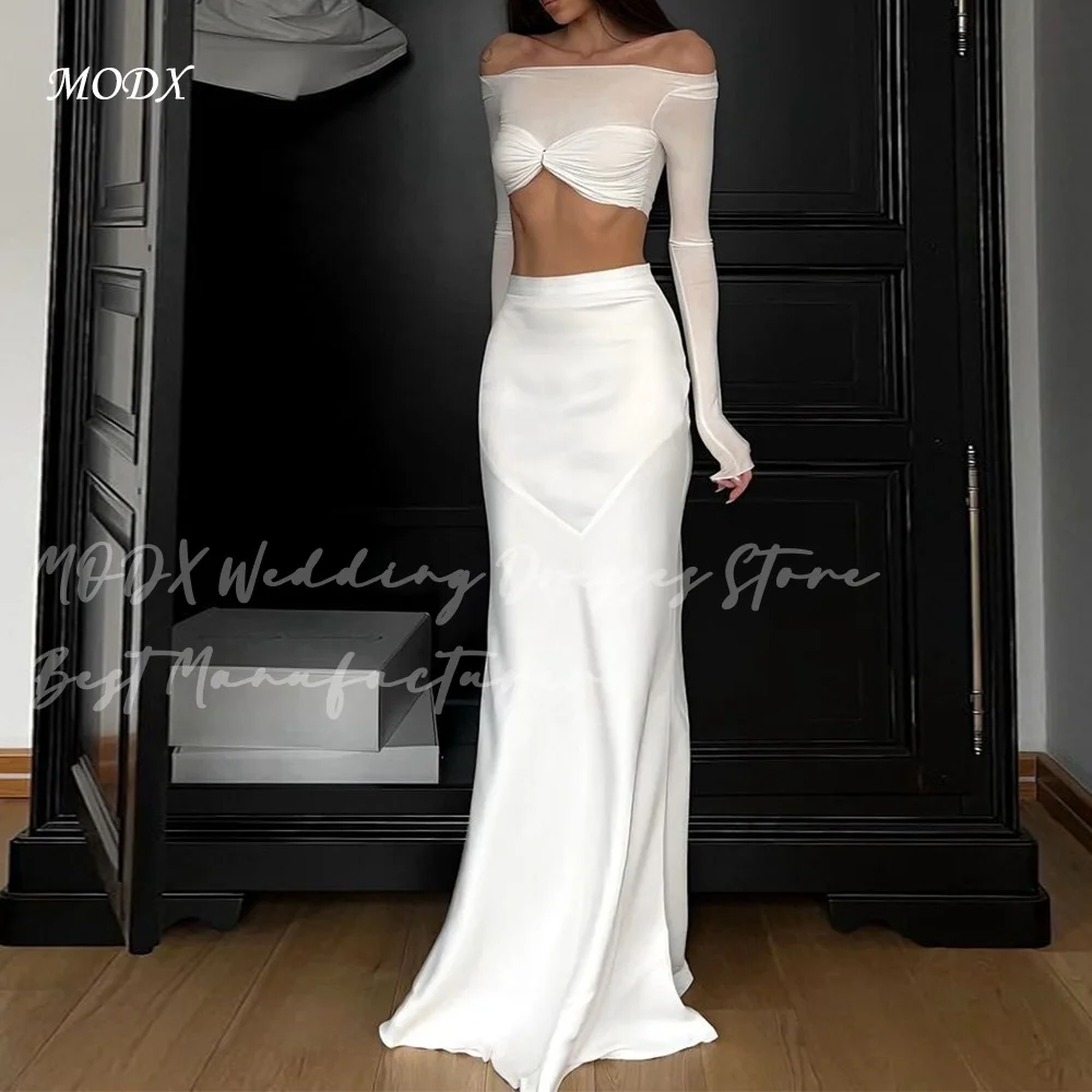MODX Chic Two Piece Wedding Dress Ivory Floor-Length Off The Shoulder Sheer Mesh Long Sleeve Satin Skirt Bridal Gown Sexy Bride