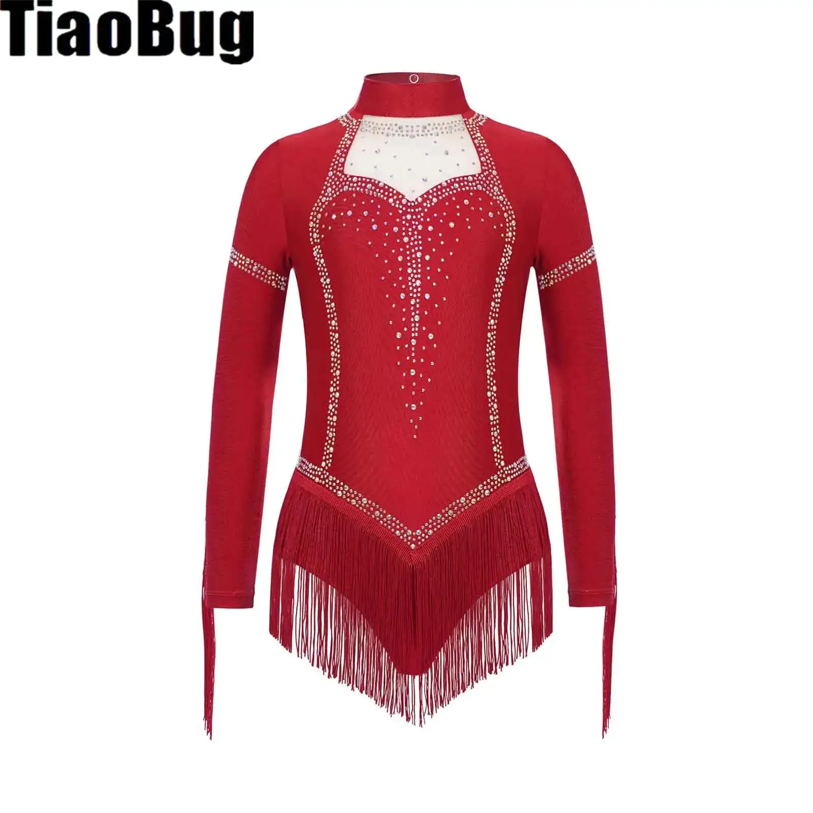 الفتيات اللاتينية ملابس رقص الجمباز فستان طويل الأكمام الراين شرابات تشا تشا تانجو Dancewear الجمباز التزلج أزياء مسرحية