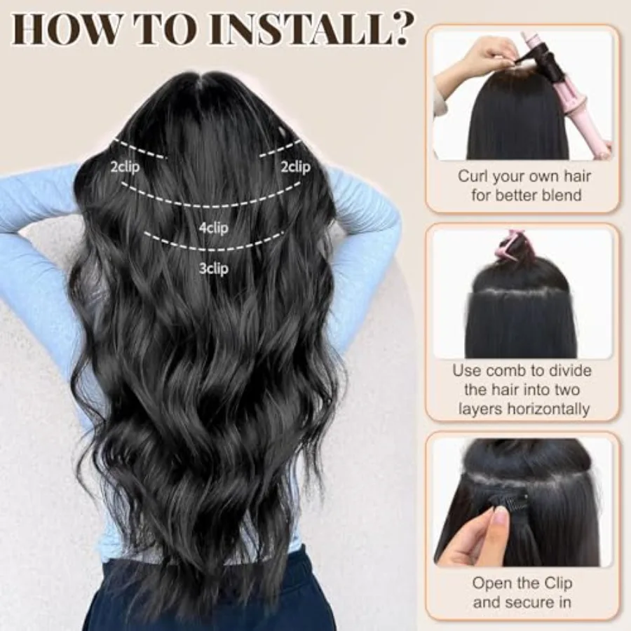 وصلات شعر صناعية طويلة مموجة من كليبين 24 بوصة أسود طبيعي 4 قطع شعر سميكة للنساء مع شعر من ألياف اللحمة المزدوجة