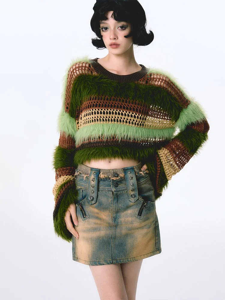 Sweet Kawaii O-neck Striped Sweaters Autumn New Hollow Out Fluffy Crop Tops Women Y2k Long Sleeve Loose Knitted Pullover