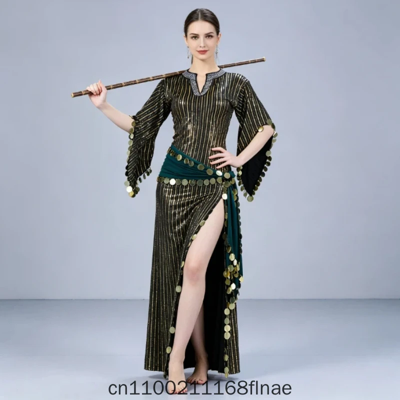 Belly Dance Egyptian Style Robe Paired with Folk Sequins Women's Stage Hot Stamping Stripes Eastern Dance Performance