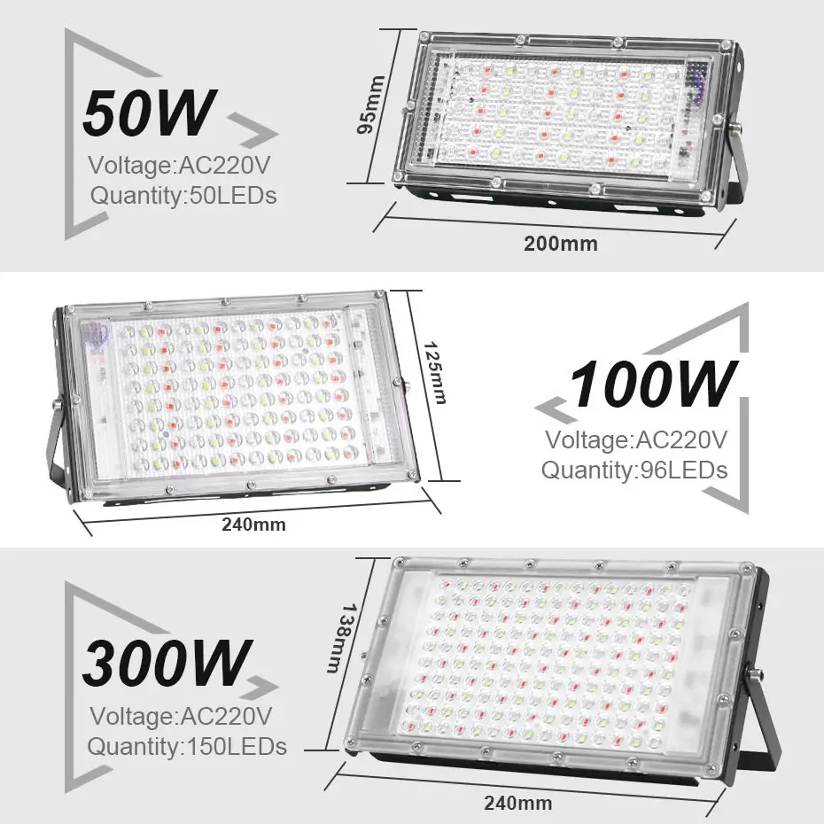 AC 220V 50W 100W 300W RGB Flood Light Outdoor Spotlight Lighting IP65 Waterproof LED Floodlights with Remote Control EU Plug