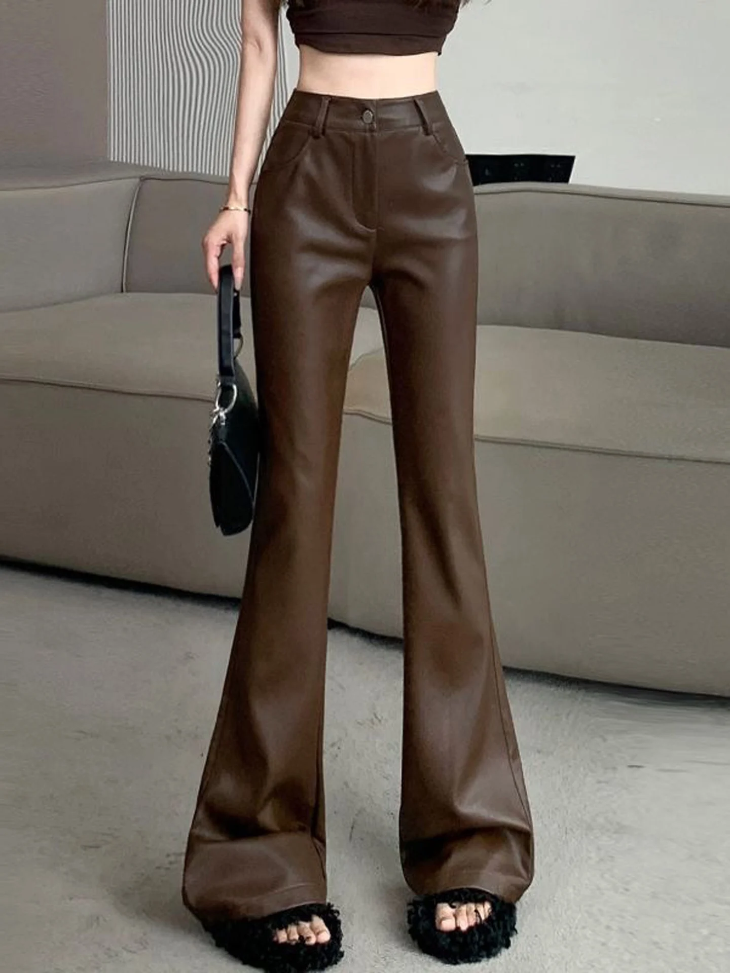 Slimming High Waist PU Micro Flared Leather Pants Women's Fashionable Autumn Winter New Style Hot Girl Casual Pants