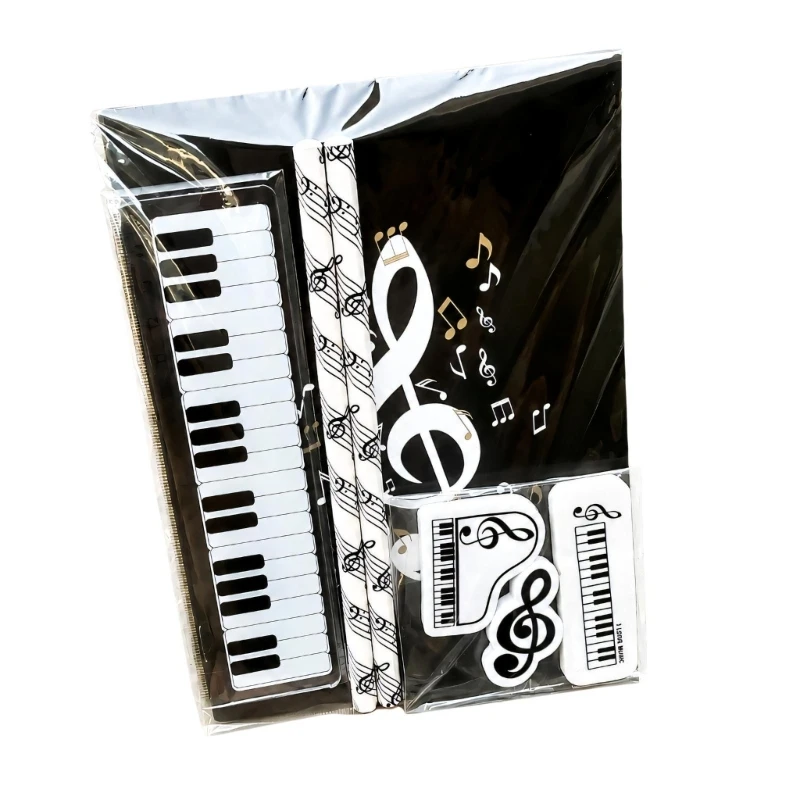 Y1UB School Supplies Stationeries Set with Music Notebook, 2 Pencils, Ruler and 3 Erasers, Piano Design for Writing Practice