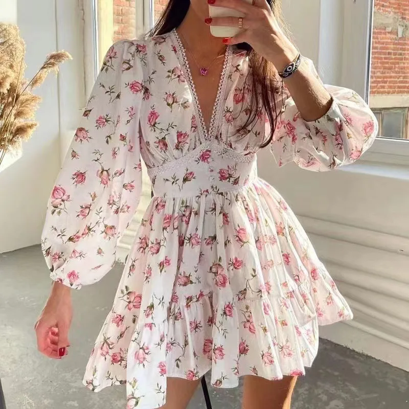 Fashion Elegant Women Printed Casual Mini Dress High Waisted Slim Floral Dress For Summer Women Lantern Sleeve Dresses Vestido