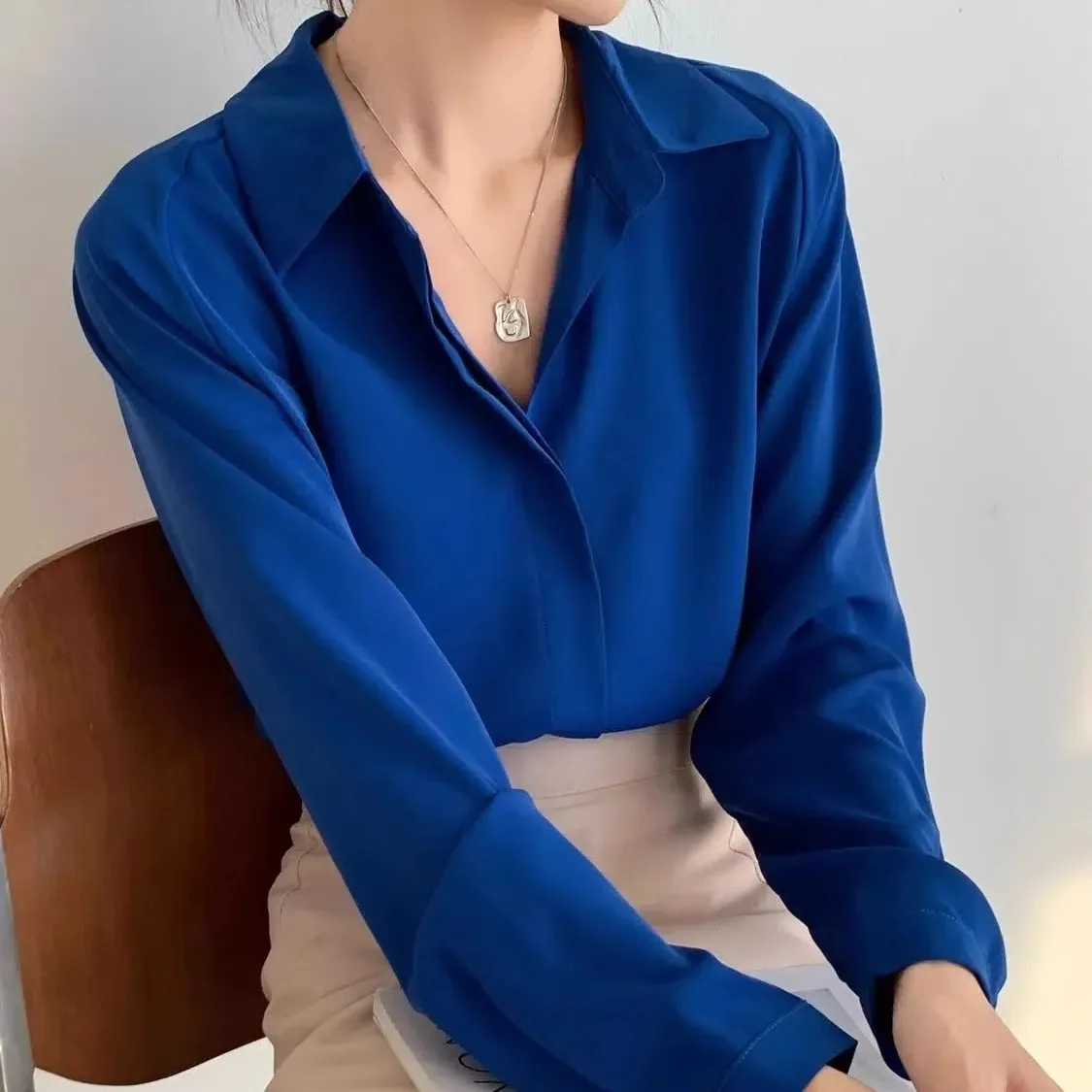 

Klein Blue Women's Chiffon irt Long Sve Spring Autumn New Sle Korean Loose Fit Polyester Fiber Pure Color Button up