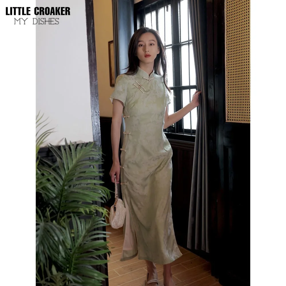 Improved Qipao  Cheongsam Long Waistband with Slim Jacquard Retro Chinese Young Style Daily Summer Dress Elegant and Feminine