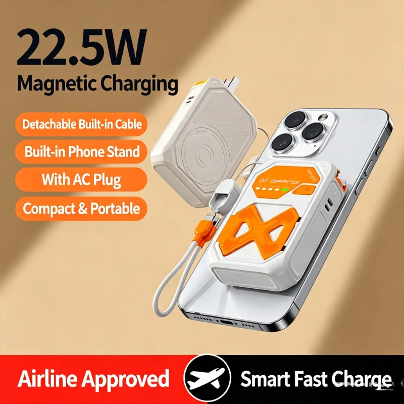 22.5W 5000/10000mAh Magnetic Wireless Power Bank with Built-in AC Plug & Cables Foldable Stand Fast Charging Travel Battery Pack