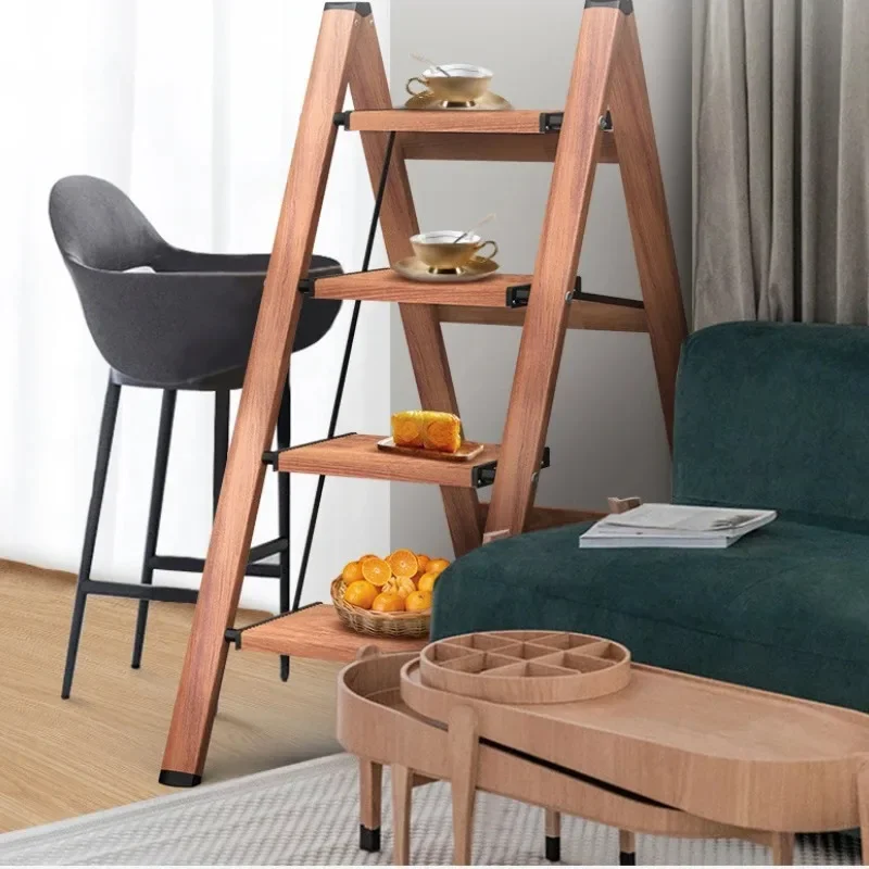 Multi-functional Folding Ladder Wood Grain Flower Frame Three or Four Step Ladder Bench Aluminum Alloy Thickened Ladder