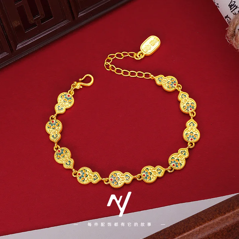 

Real 24k Gold 9999 Enamel Colored Treasure Flower Gourd Bracelet Chinese Style Design Peace and Joy Gourd Hand Decoration