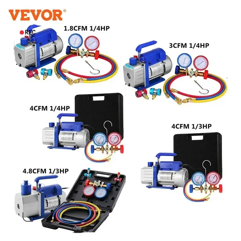 VEVOR 1.8-4.8CFM Vacuum Pump with Gauges AC Refrigerant HVAC Refrigeration Vacuum Packing Air Condition Automobile Maintenance