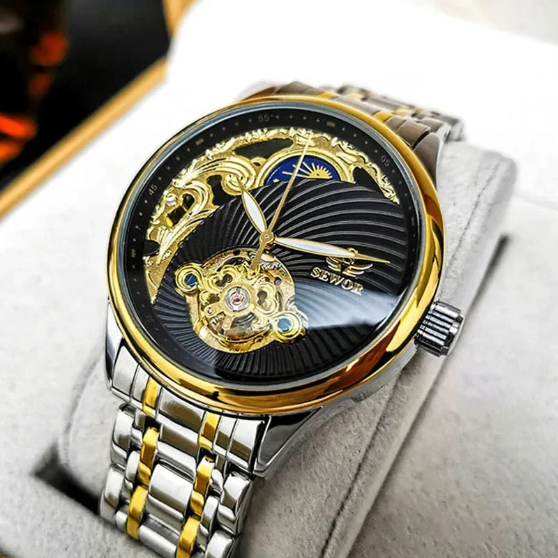 

SEWOR Watch Men Luxury Gold Tourbillon Watches Men Moon Phase Automatic Mechanical Skeleton Wristwatches Men Relogio Masculino