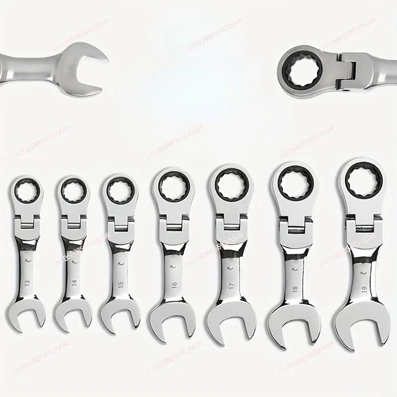 Flexible Pivoting Head Ratchet Short Wrench Spanner Garage Metric Hand Tool 6mm-19mm for Auto and Home Repair 1pcs