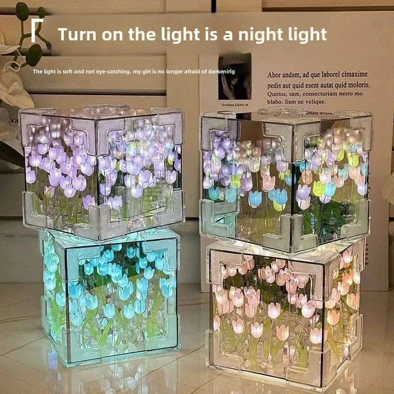 Nova tulipa nightlight artesanal diy material cubo tulipa espelho decoração do quarto atmosfera flor lâmpada dia dos namorados presente de