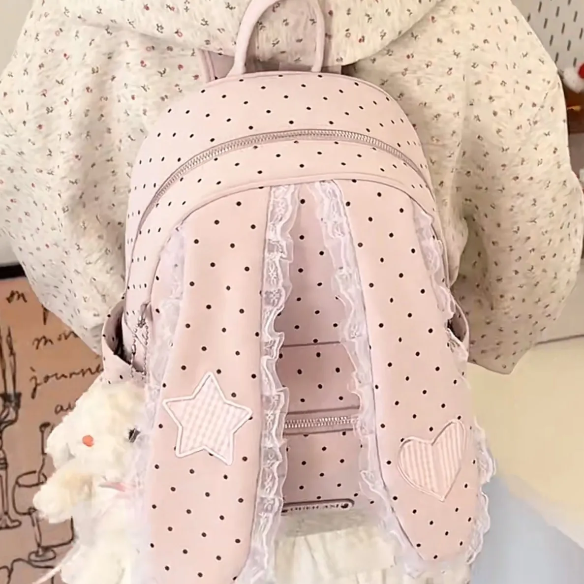 Japanese Cute Bunny Ear Polka Dot Backpack Women Lace Ruffle Plaid Heart Bag Campus Lightweight Casual School Bag